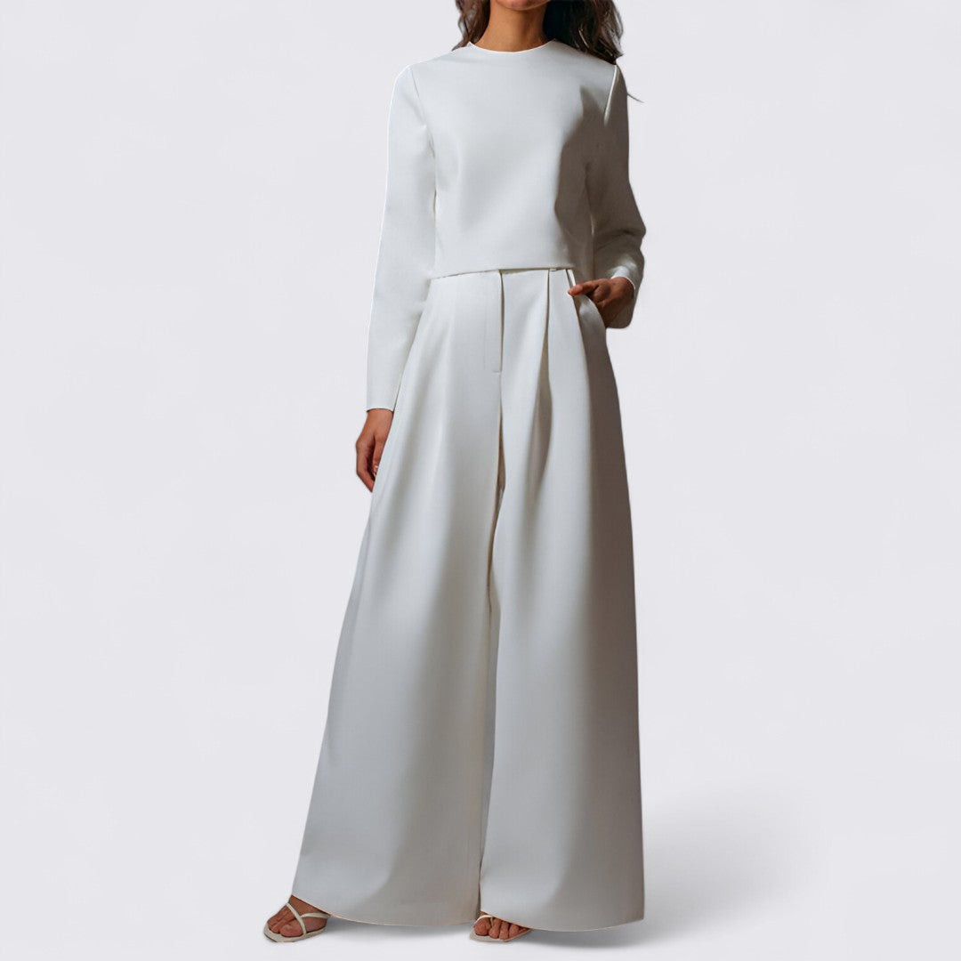 Women's Long Sleeve Top and Wide-Leg Trousers Set with Round Neckline
