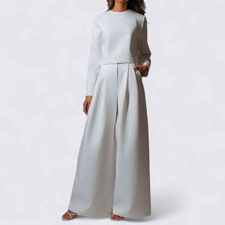 Women's Long Sleeve Top and Wide-Leg Trousers Set with Round Neckline
