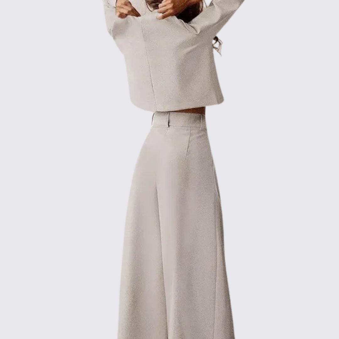 Women's Long Sleeve Top and Wide-Leg Trousers Set with Round Neckline