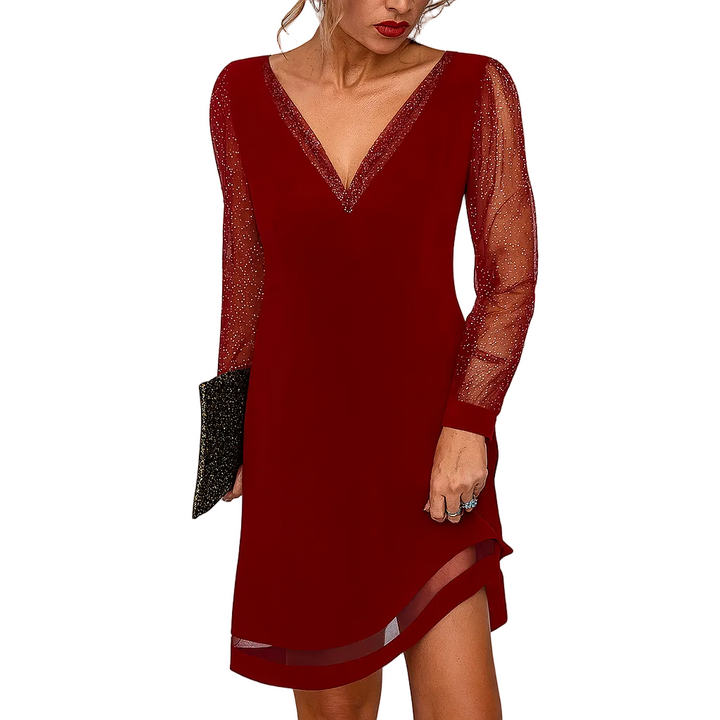Women's Long Sleeve Wrap Midi Dress with V-Neckline and Tie Waist