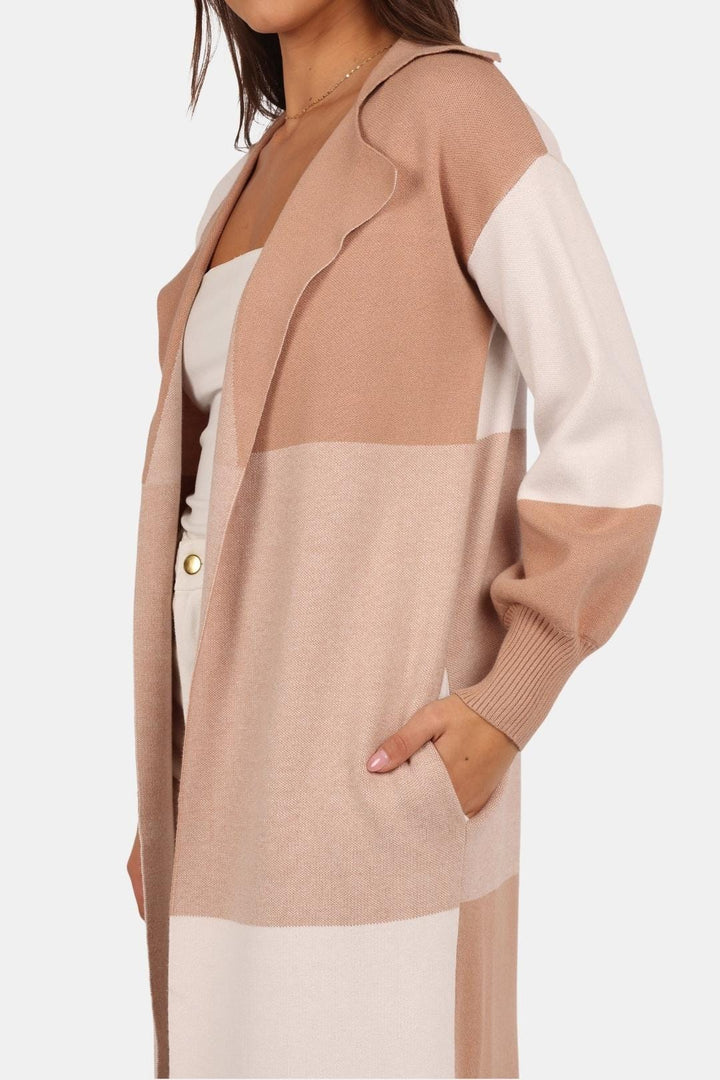 Women's Longline Check Pattern Open-Front Cardigan with Long Sleeves and Side Slits