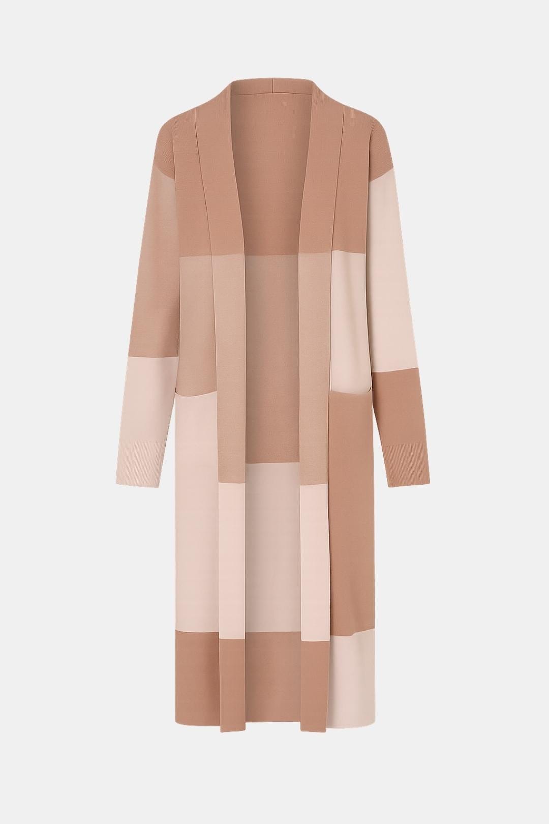 Women's Longline Check Pattern Open-Front Cardigan with Long Sleeves and Side Slits