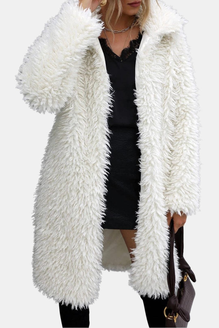 Women's Longline Open-Front Faux Fur Coat with Lapel Collar and Long Sleeves