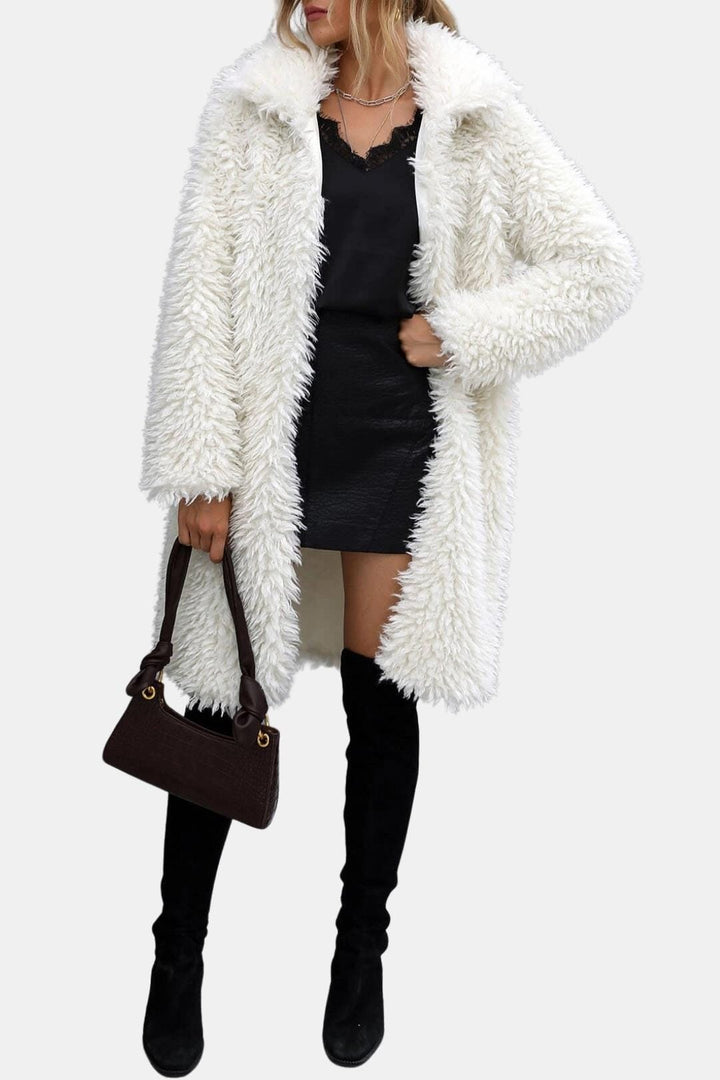 Women's Longline Open-Front Faux Fur Coat with Lapel Collar and Long Sleeves