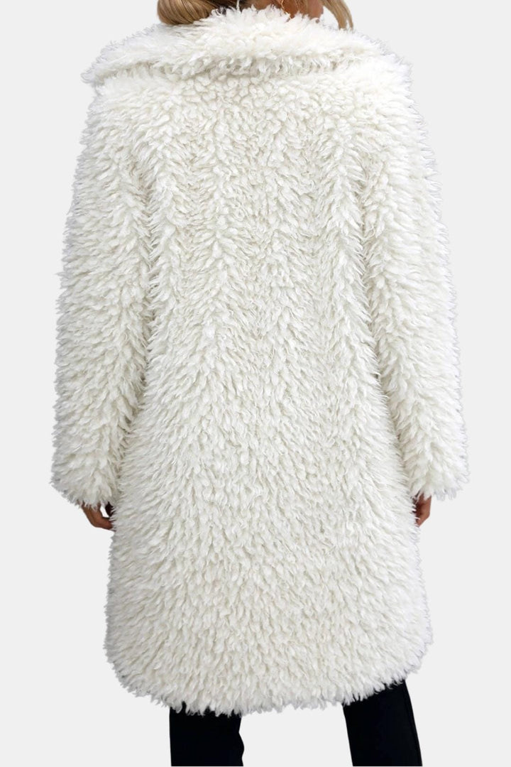 Women's Longline Open-Front Faux Fur Coat with Lapel Collar and Long Sleeves