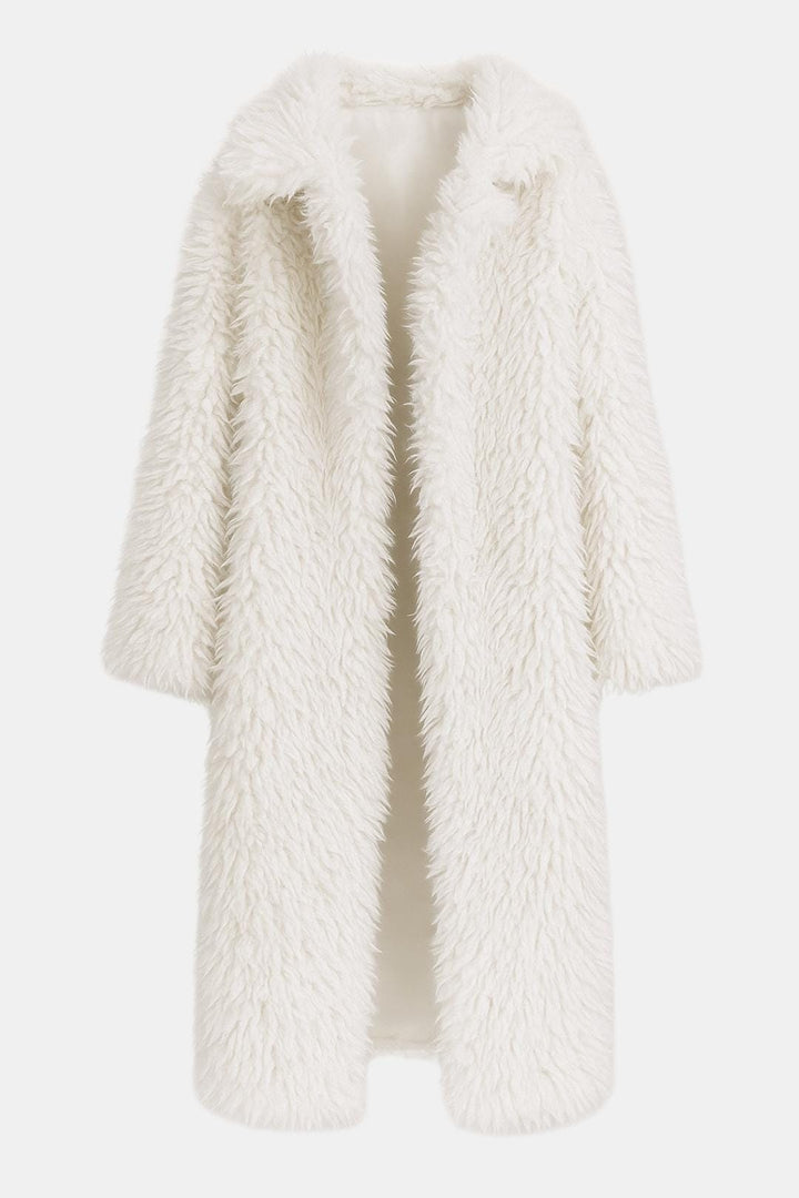 Women's Longline Open-Front Faux Fur Coat with Lapel Collar and Long Sleeves