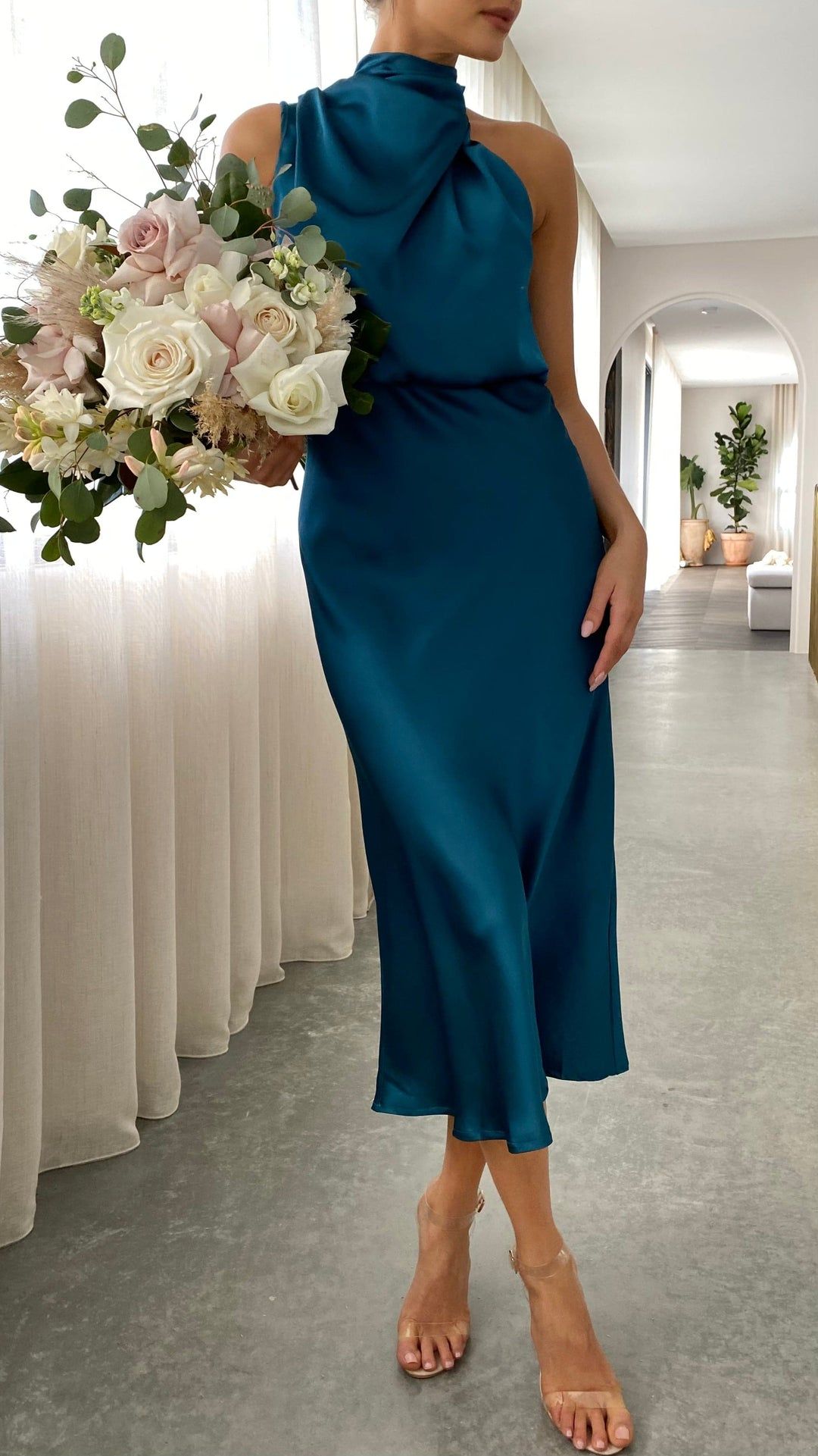 Women's Midi Dress with High Neckline, Halter Straps and Draping