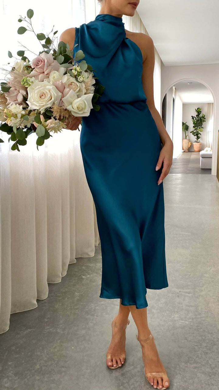 Women's Midi Dress with High Neckline, Halter Straps and Draping