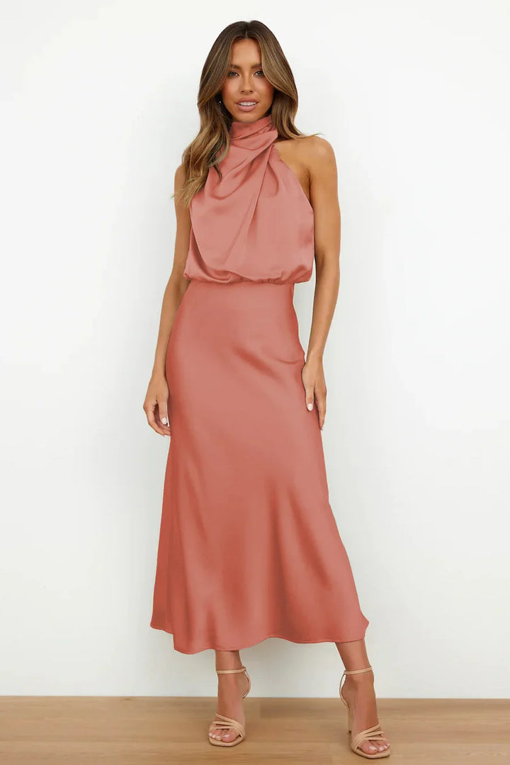 Women's Midi Dress with High Neckline, Halter Straps and Draping