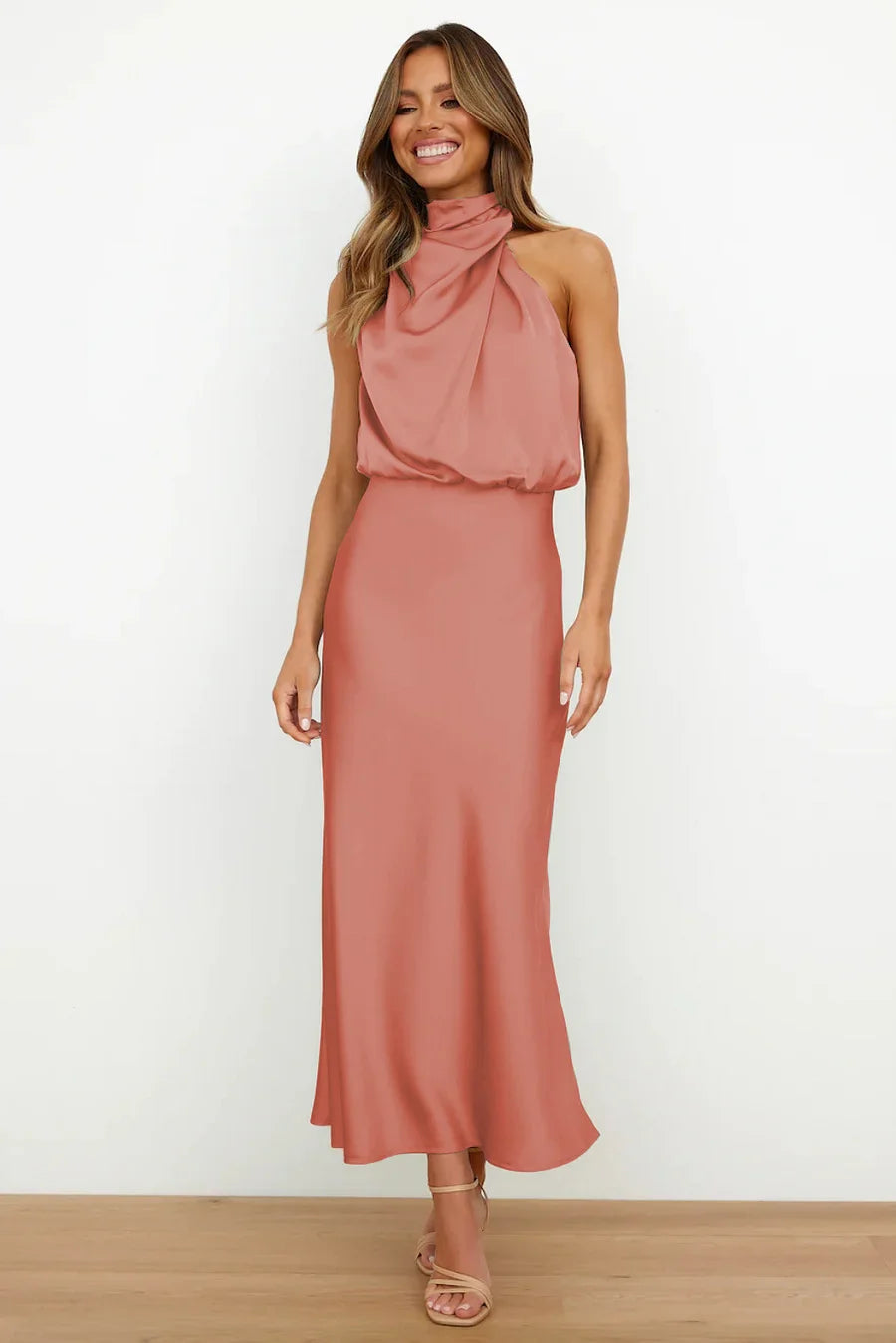 Women's Midi Dress with High Neckline, Halter Straps and Draping