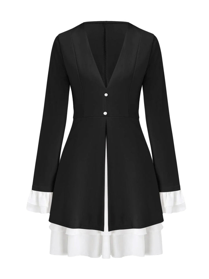 Women's Mini Dress with Deep V-Neckline, Lapel Collar and Ruffle Trim