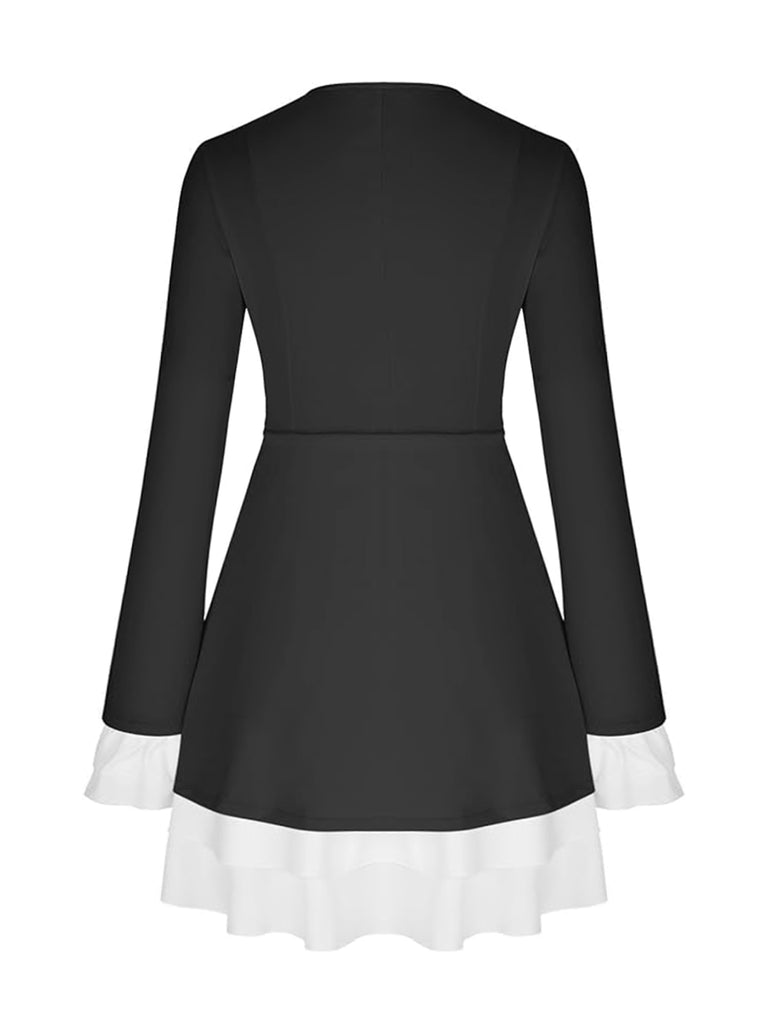 Women's Mini Dress with Deep V-Neckline, Lapel Collar and Ruffle Trim