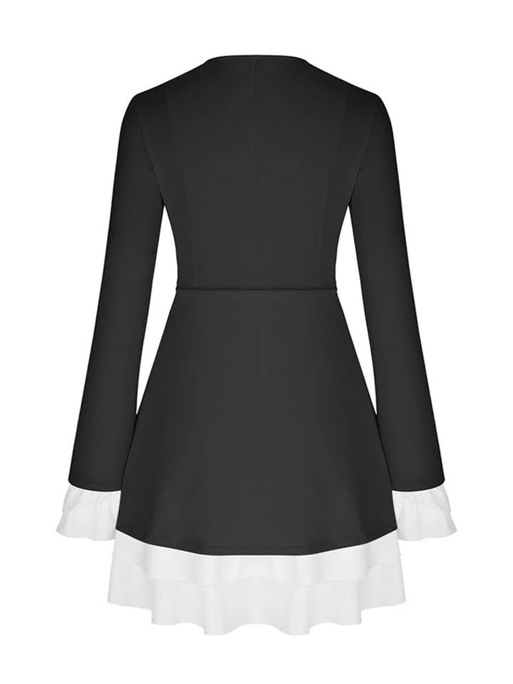 Women's Mini Dress with Deep V-Neckline, Lapel Collar and Ruffle Trim