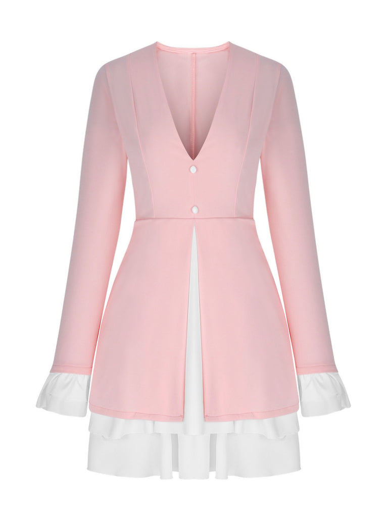 Women's Mini Dress with Deep V-Neckline, Lapel Collar and Ruffle Trim