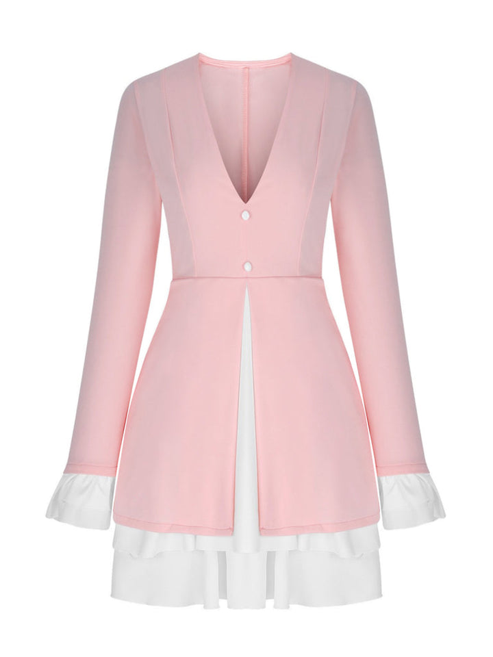 Women's Mini Dress with Deep V-Neckline, Lapel Collar and Ruffle Trim