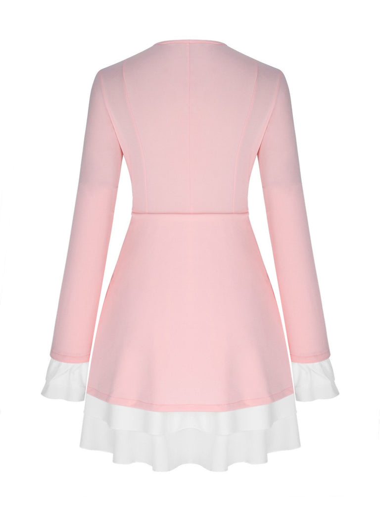 Women's Mini Dress with Deep V-Neckline, Lapel Collar and Ruffle Trim