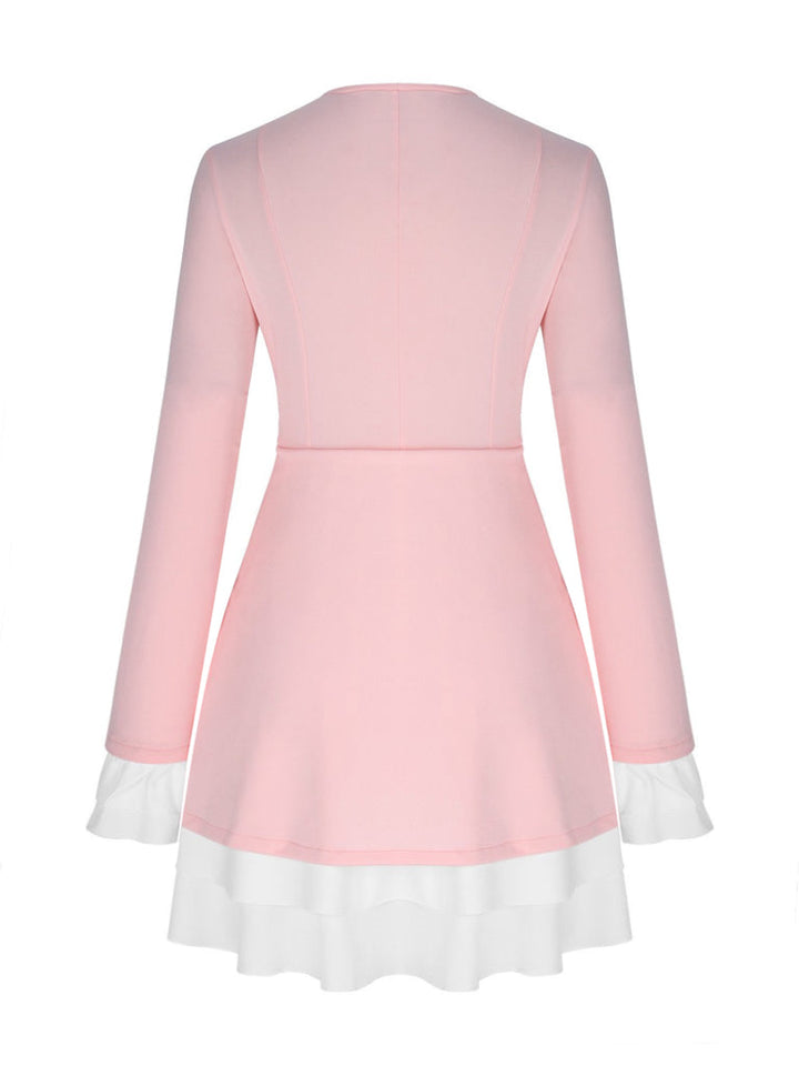 Women's Mini Dress with Deep V-Neckline, Lapel Collar and Ruffle Trim