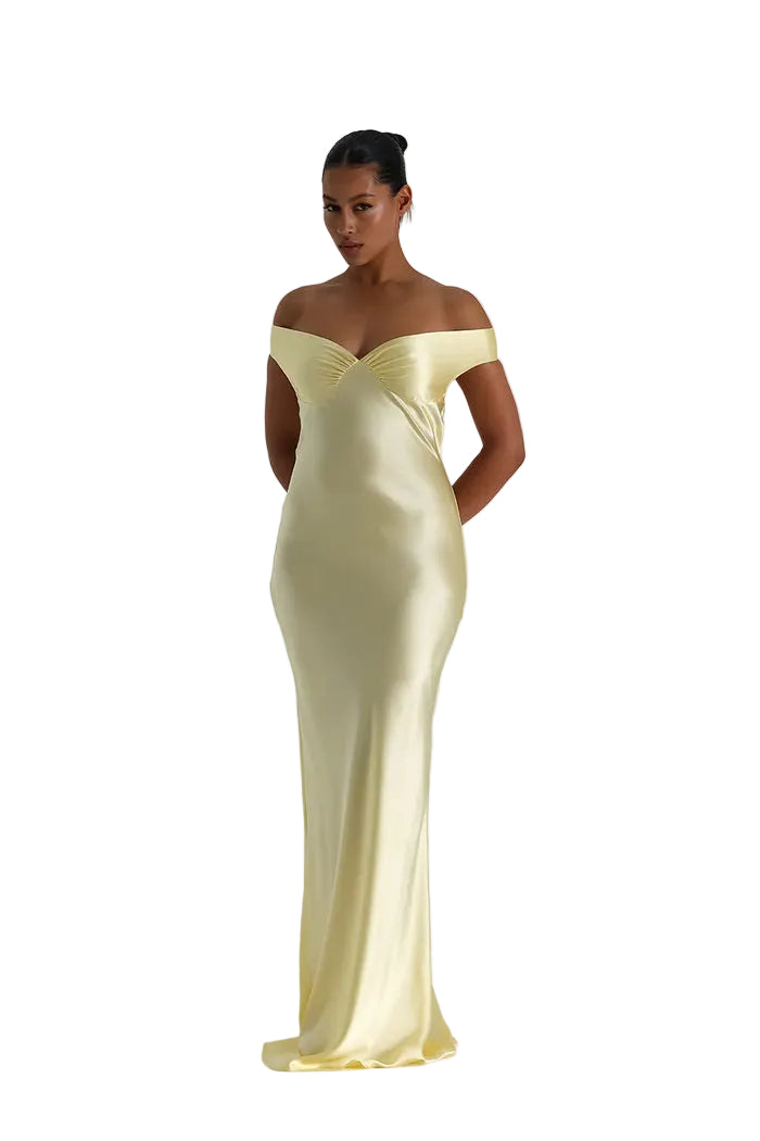 Women's Off-Shoulder Maxi Dress with V-Neckline and Centre Gathering