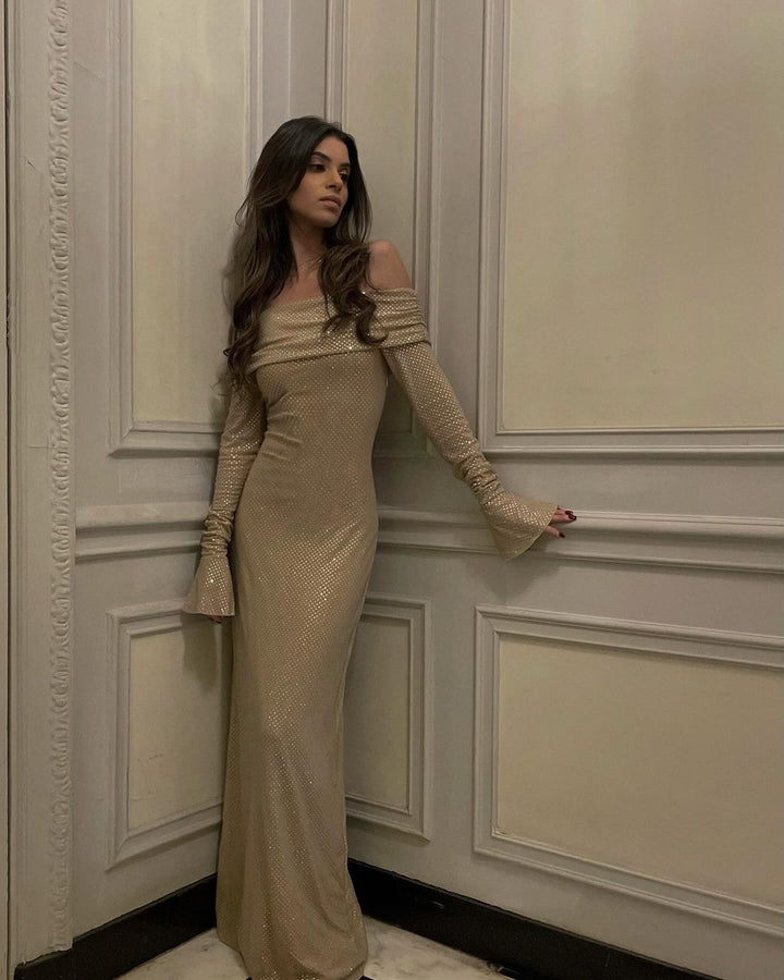 Women's Off-the-Shoulder Glitter Maxi Dress with Wrap Neckline