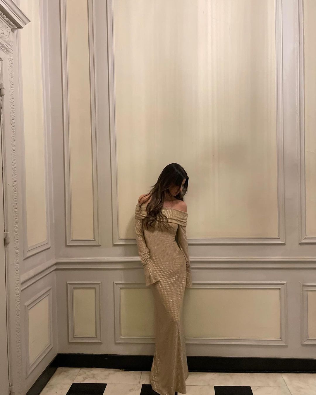 Women's Off-the-Shoulder Glitter Maxi Dress with Wrap Neckline