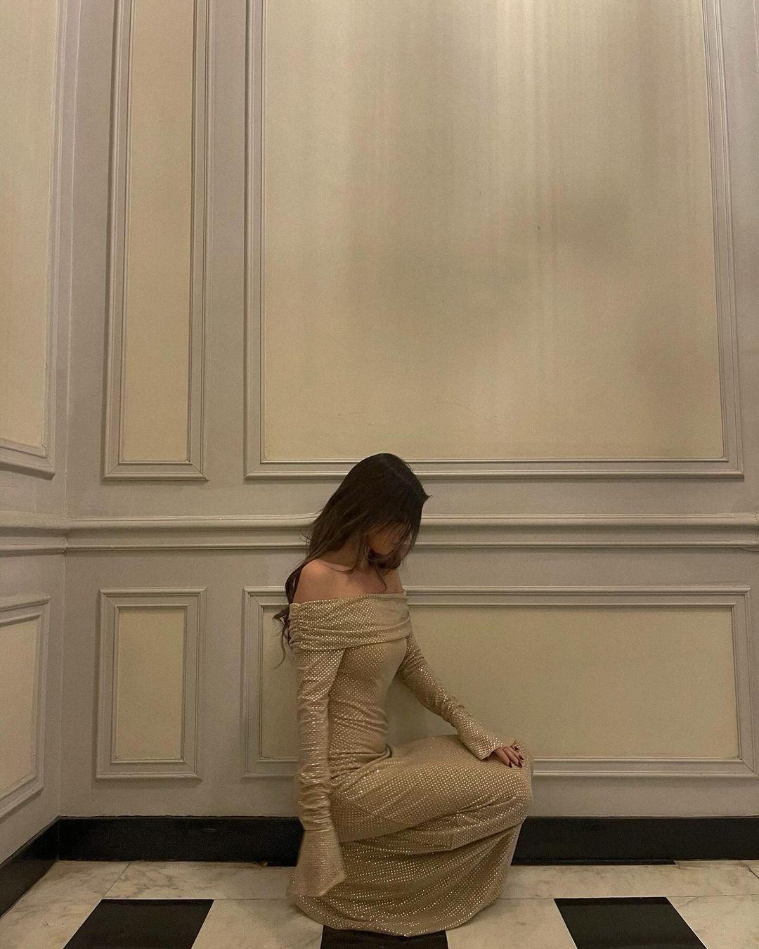 Women's Off-the-Shoulder Glitter Maxi Dress with Wrap Neckline