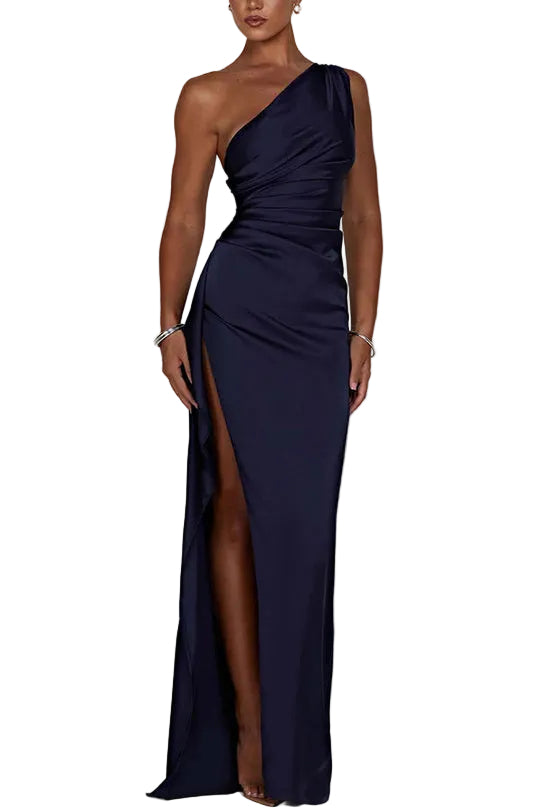 Women's One-Shoulder Maxi Dress with High Side Split and Waist Ruching