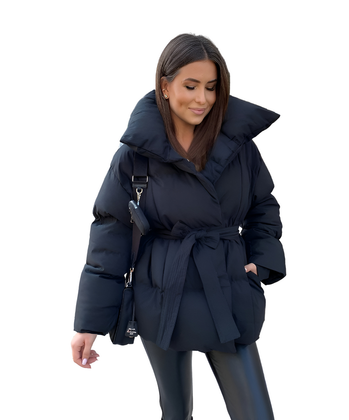 Women's Padded Jacket with Lapel Collar and Tie Belt at Waist