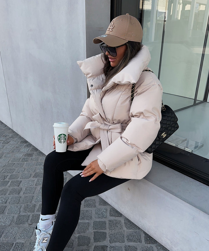 Women's Padded Jacket with Lapel Collar and Tie Belt at Waist