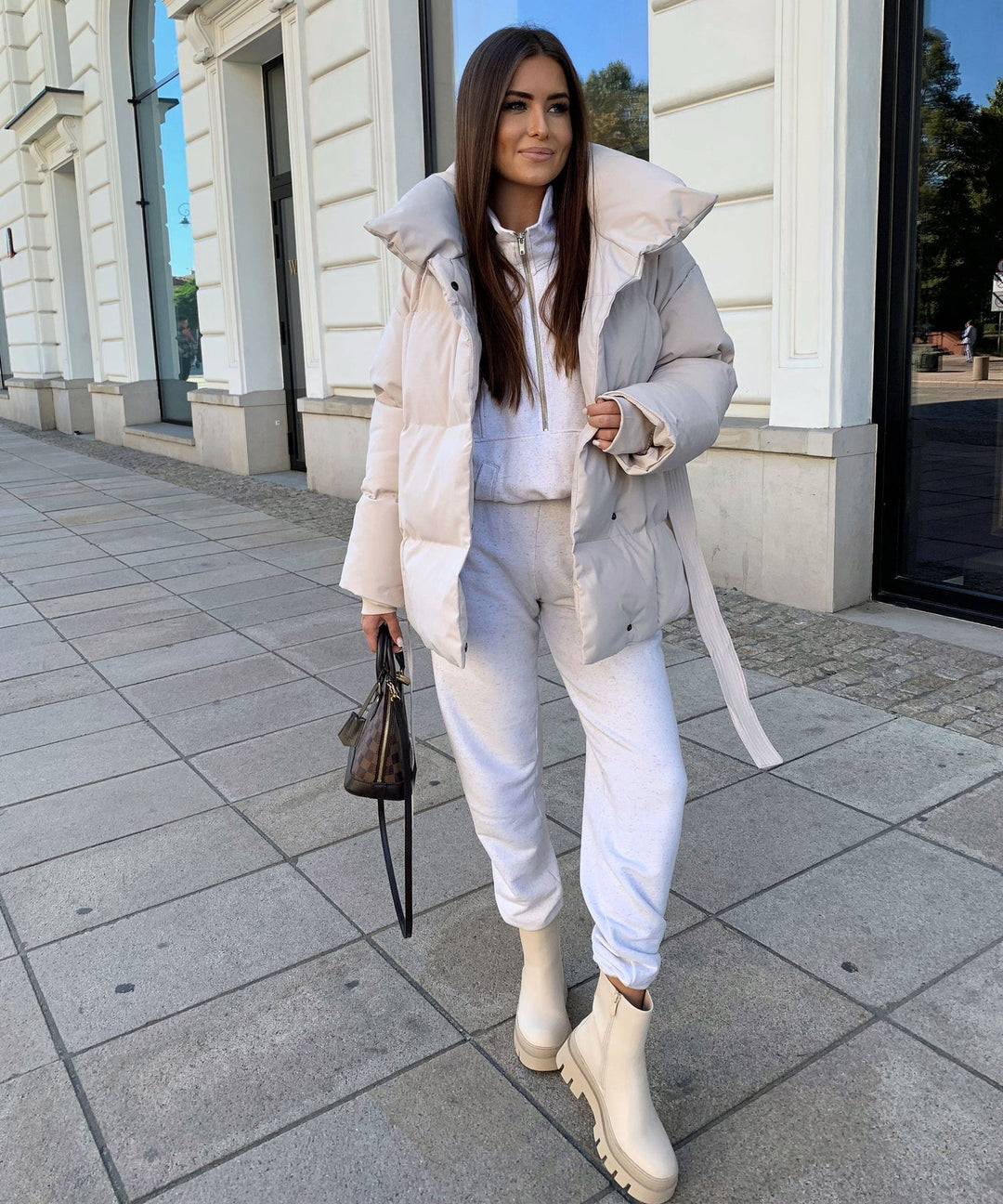 Women's Padded Jacket with Lapel Collar and Tie Belt at Waist