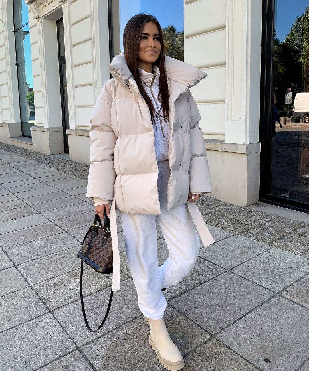 Women's Padded Jacket with Lapel Collar and Tie Belt at Waist