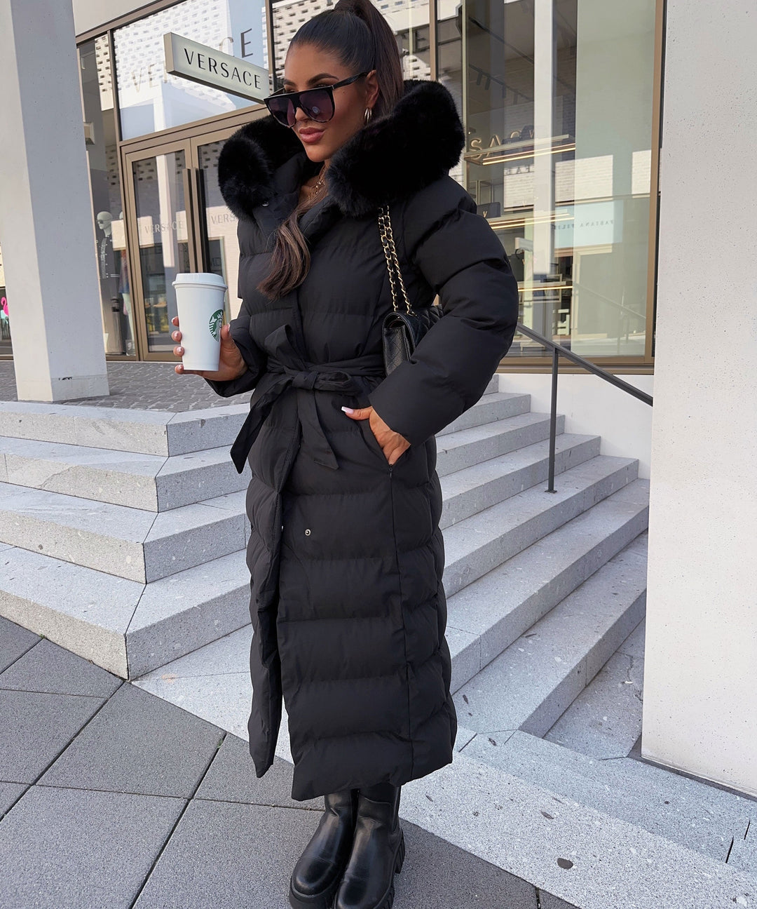 Women's Padded Parka with Hood and Belt Tie