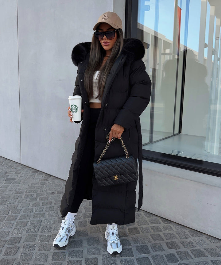 Women's Padded Parka with Hood and Belt Tie