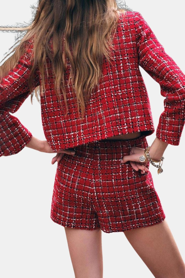 Women's Plaid Tweed Jacket with Round Neckline and Front Patch Pockets