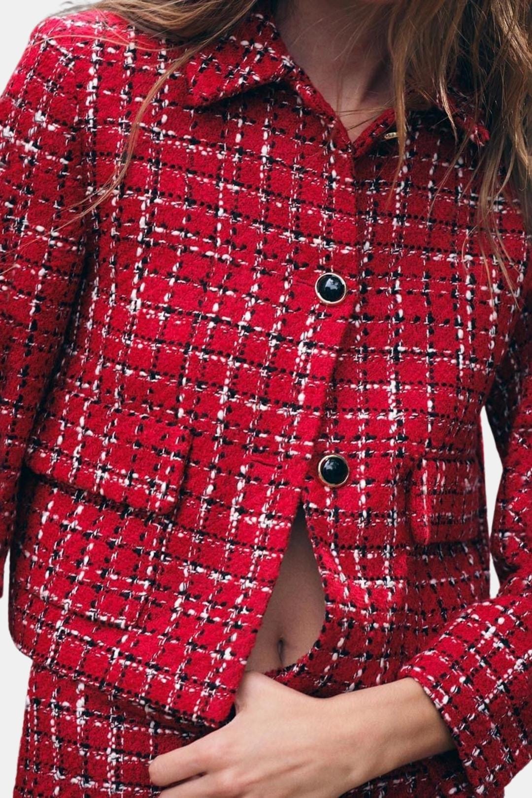 Women's Plaid Tweed Jacket with Round Neckline and Front Patch Pockets