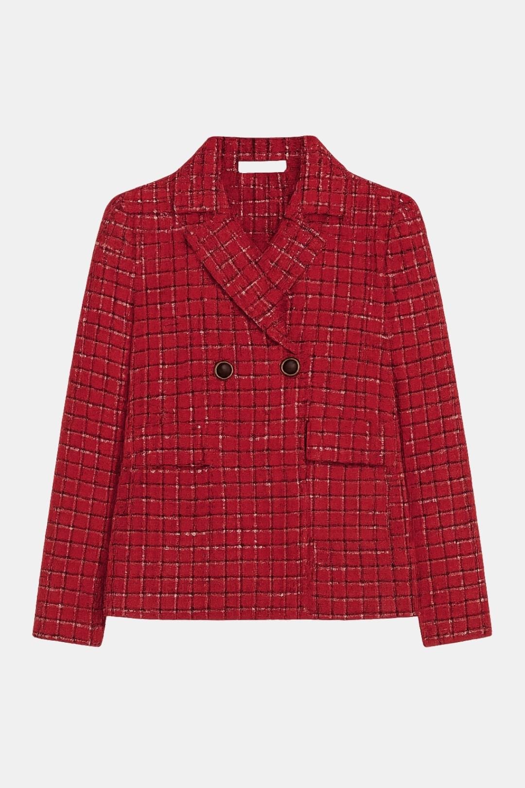 Women's Plaid Tweed Jacket with Round Neckline and Front Patch Pockets
