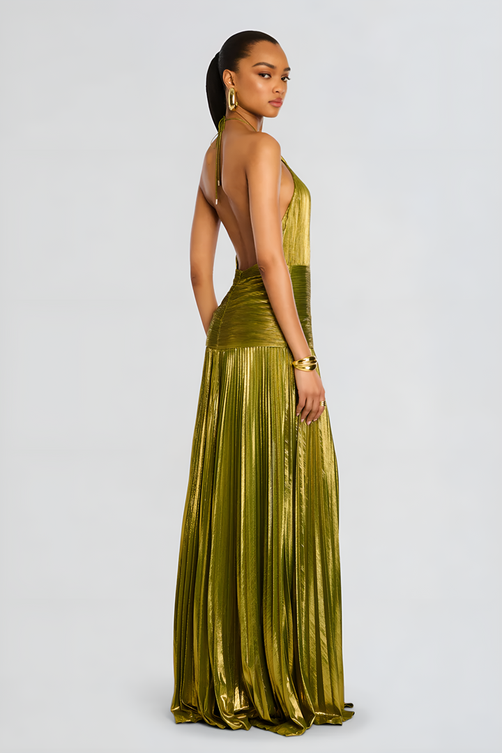 Women's Pleated Halter Maxi Dress with Open Back and Side Slit