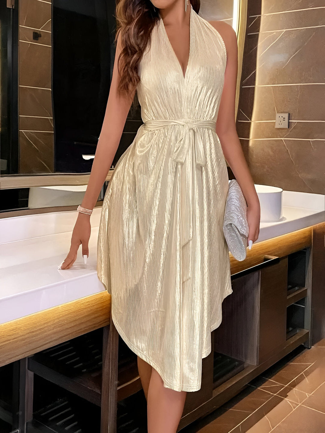 Women's Pleated Mini Dress with Halter Neckline and Tie Belt