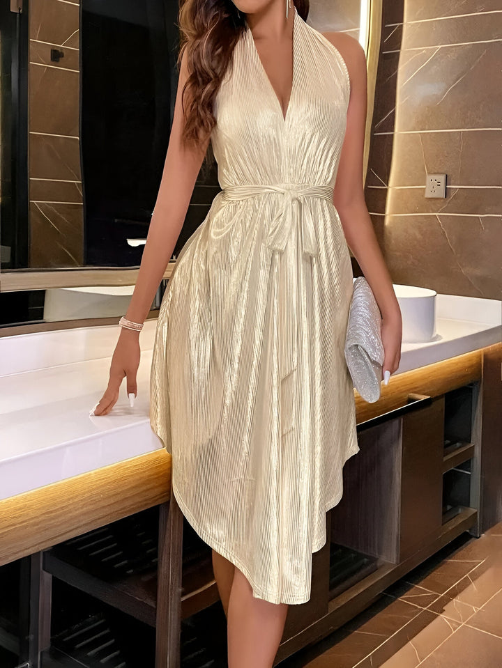 Women's Pleated Mini Dress with Halter Neckline and Tie Belt