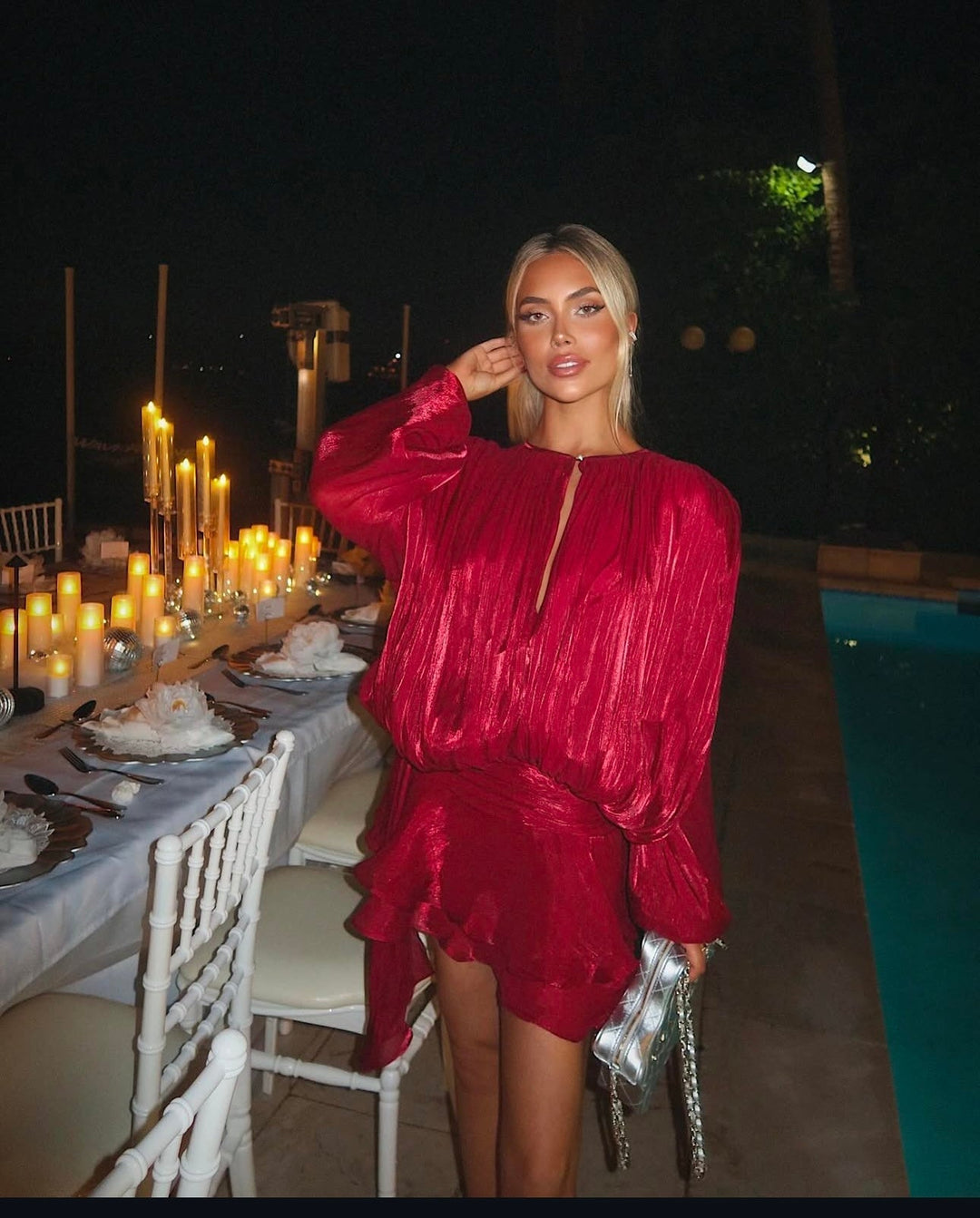 Women's Pleated Mini Dress with Tie Neckline and Balloon Sleeves