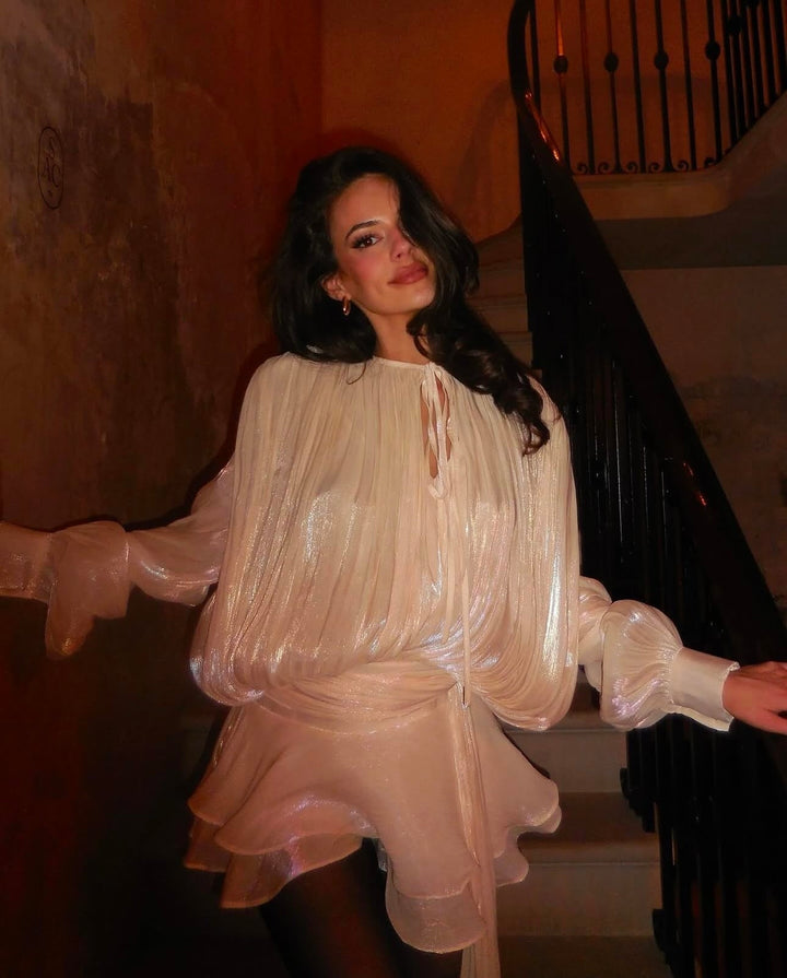 Women's Pleated Mini Dress with Tie Neckline and Balloon Sleeves