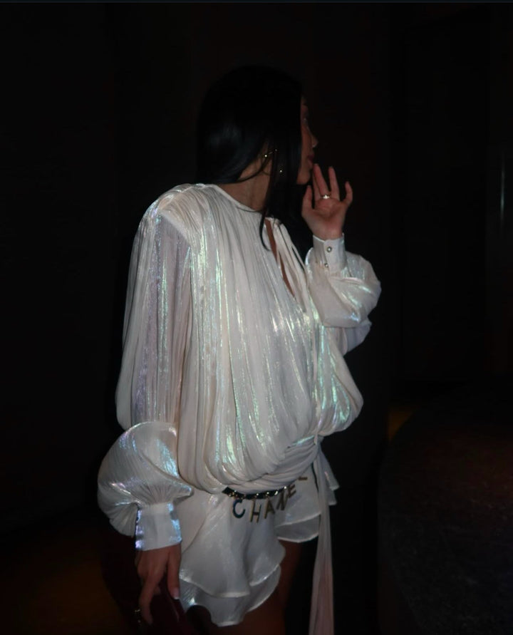 Women's Pleated Mini Dress with Tie Neckline and Balloon Sleeves