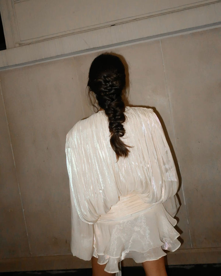 Women's Pleated Mini Dress with Tie Neckline and Balloon Sleeves