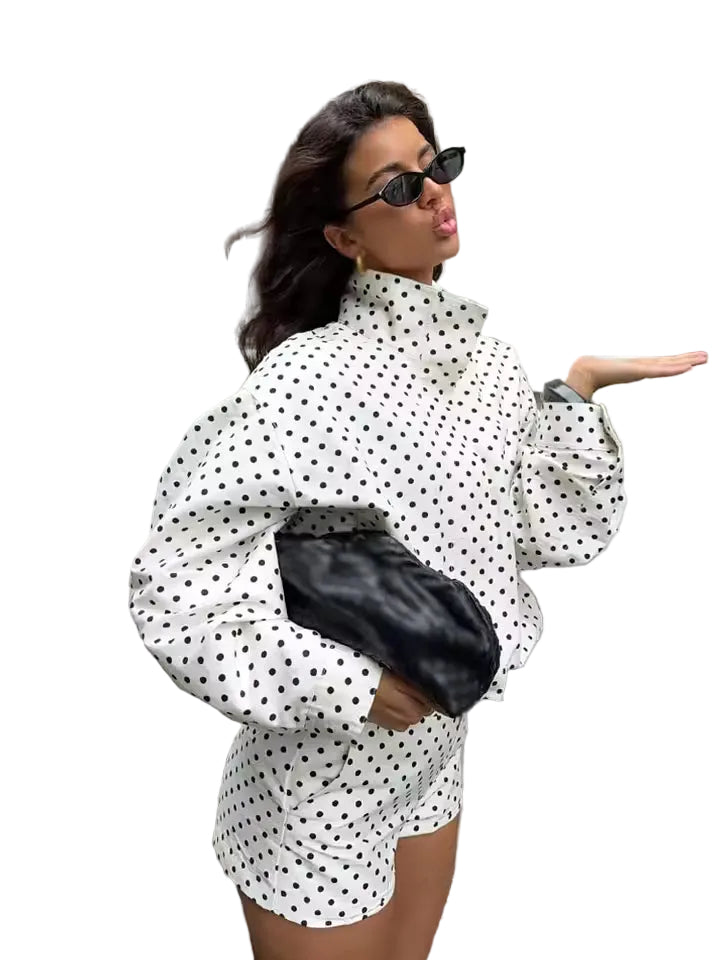 Women's Polka Dot Jacket with Stand Collar and Drawstring Hem