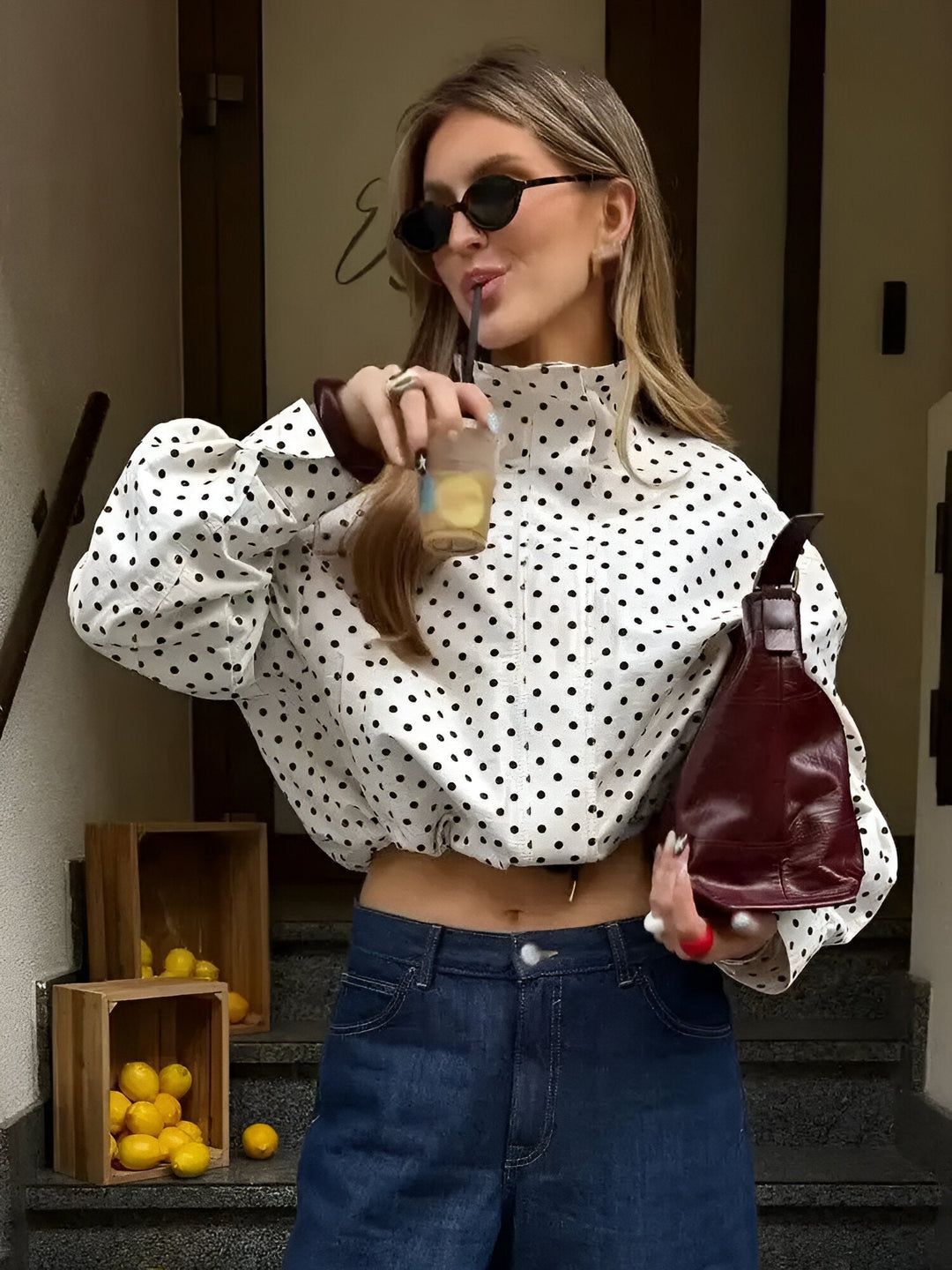 Women's Polka Dot Jacket with Stand Collar and Drawstring Hem