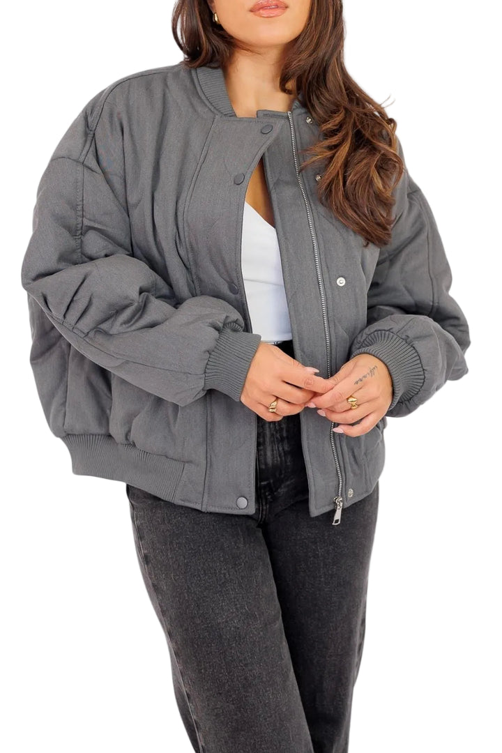 Women's Quilted Bomber Jacket with Snap-Button Front and Ribbed Cuffs
