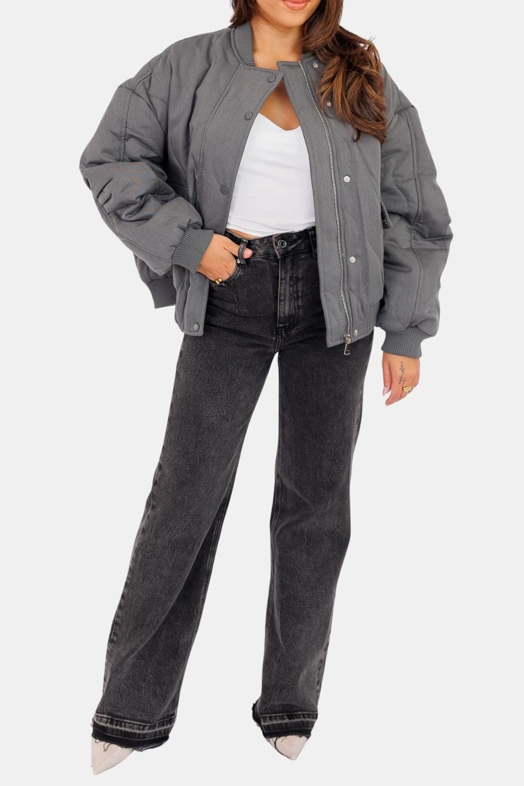 Women's Quilted Bomber Jacket with Snap-Button Front and Ribbed Cuffs