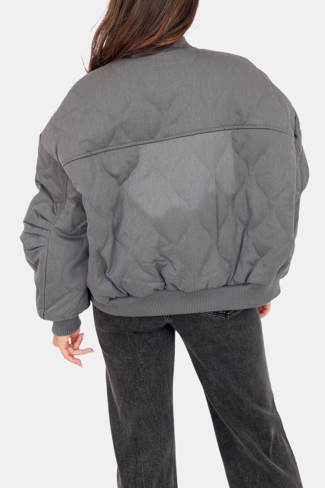 Women's Quilted Bomber Jacket with Snap-Button Front and Ribbed Cuffs