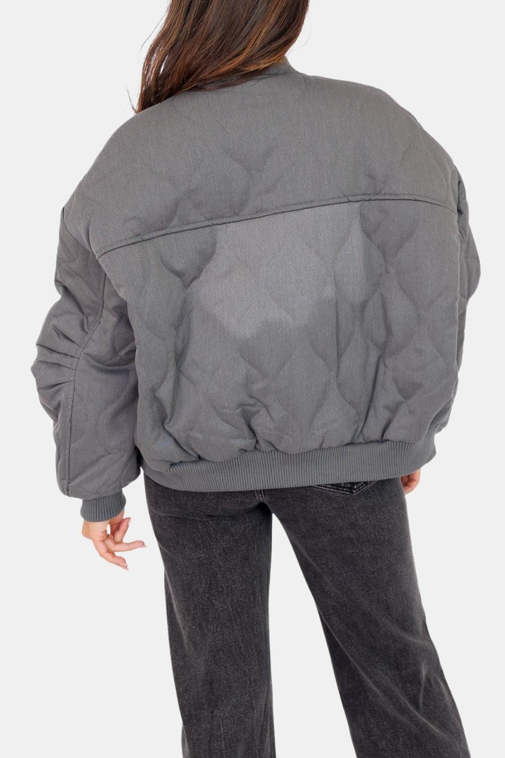 Women's Quilted Bomber Jacket with Snap-Button Front and Ribbed Cuffs