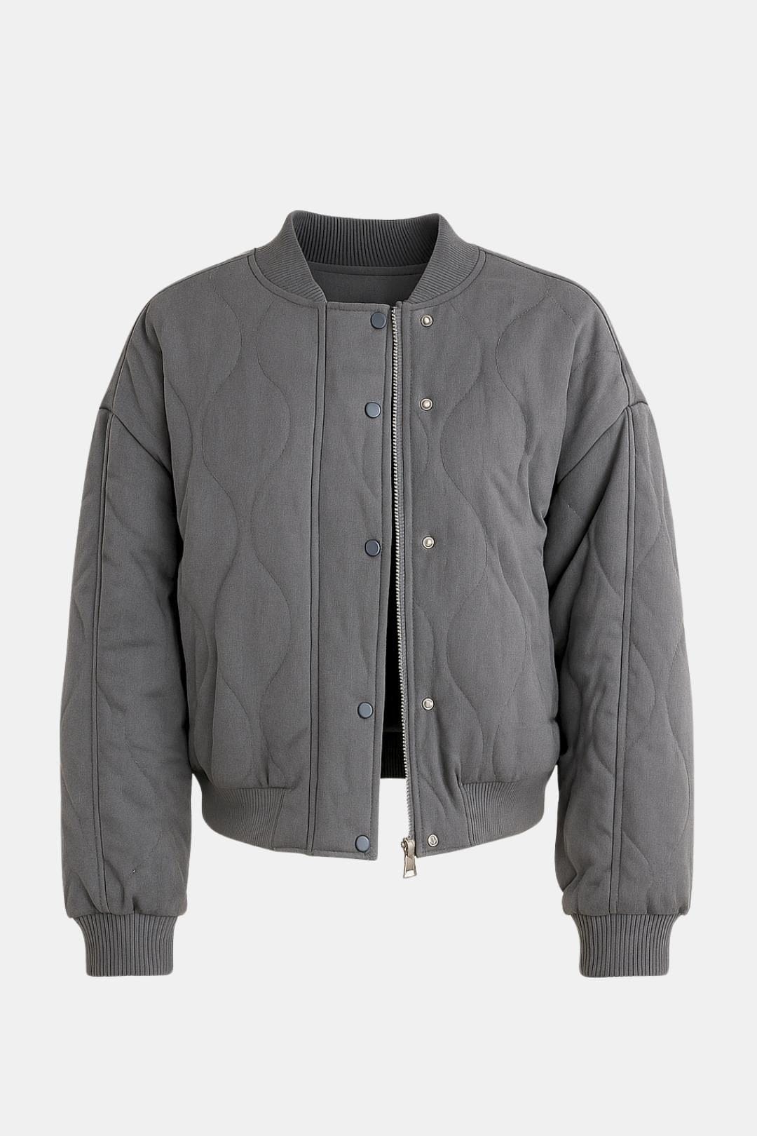 Women's Quilted Bomber Jacket with Snap-Button Front and Ribbed Cuffs