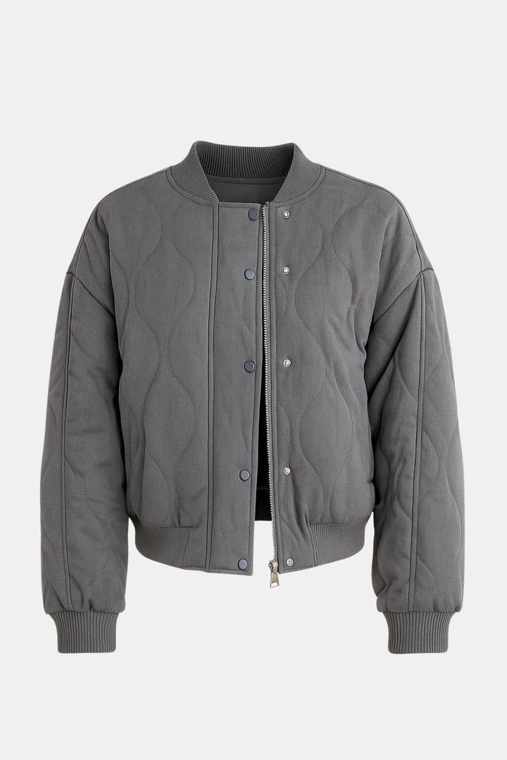 Women's Quilted Bomber Jacket with Snap-Button Front and Ribbed Cuffs